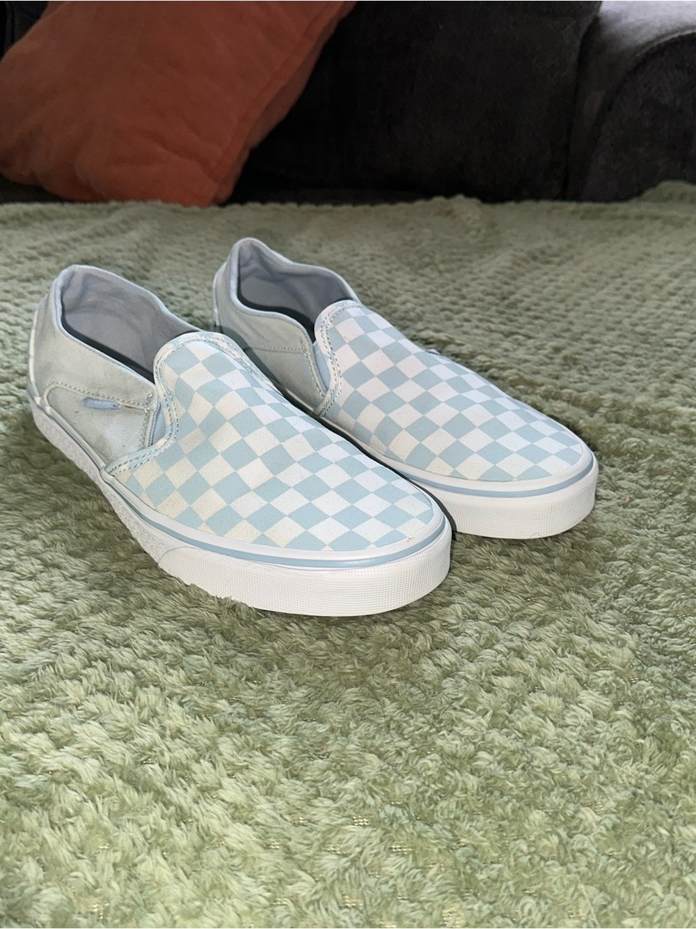 Light Blue Checkered Vans Slip-On Sneakers